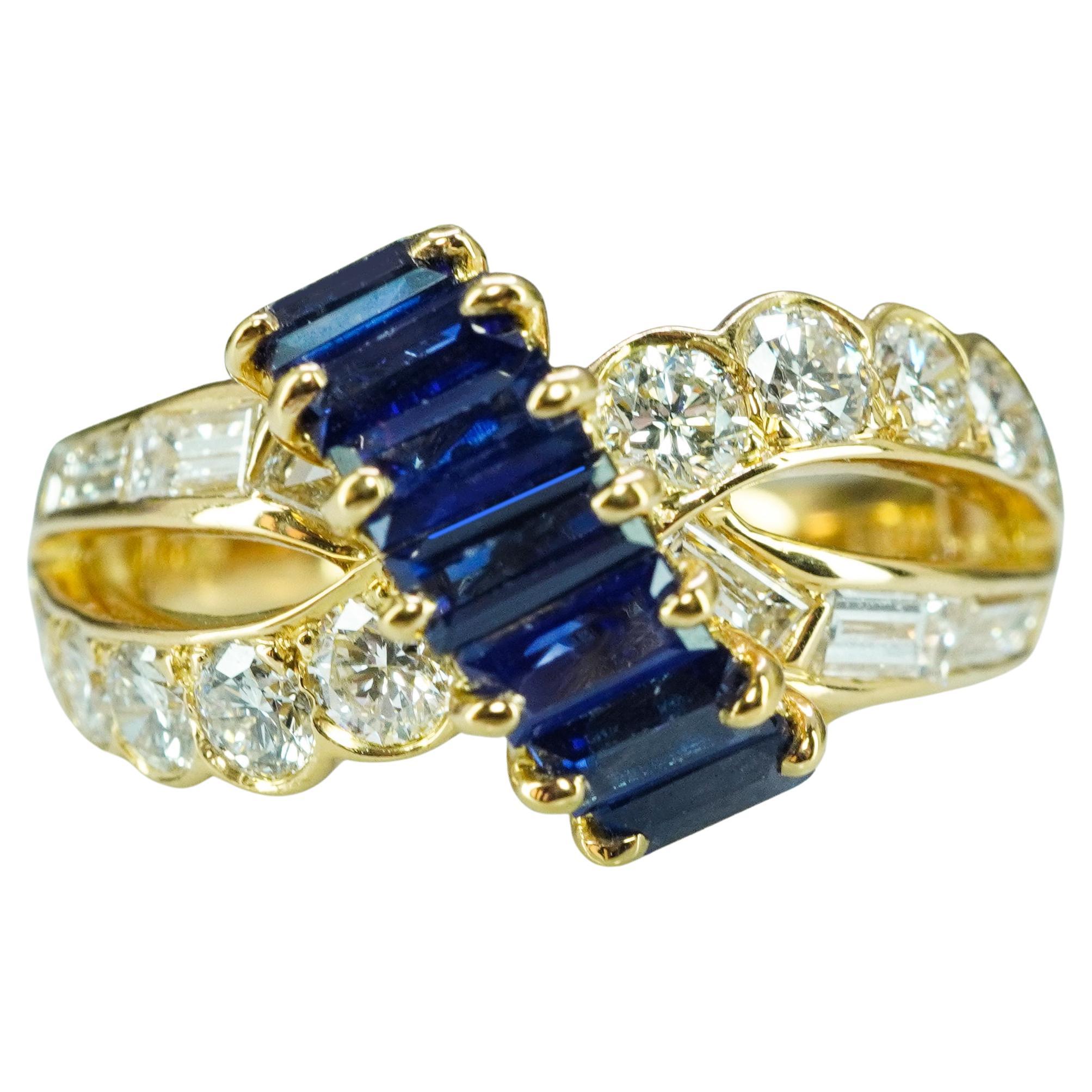Oscar Heyman Bague saphir diamant baguette or 18K Designer signé Estate