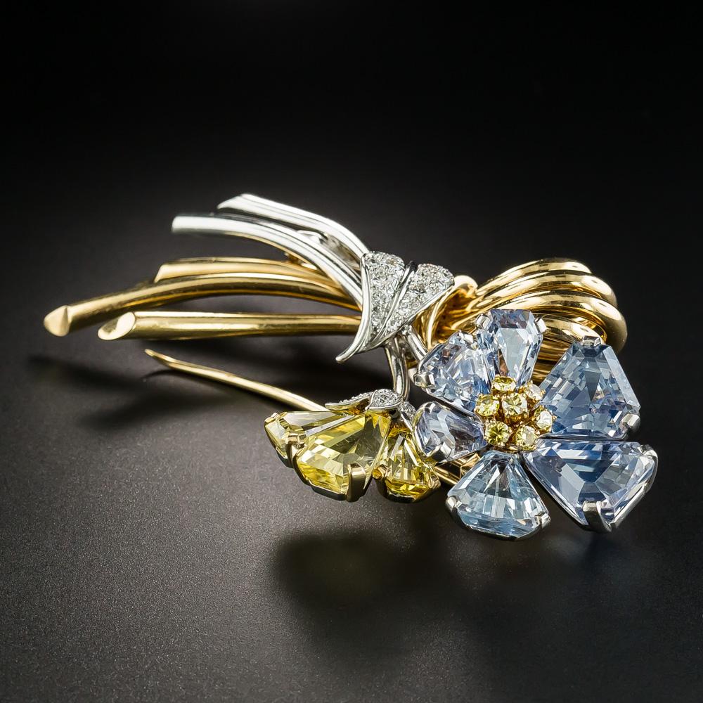 Brilliant Cut Oscar Heyman Sapphire Diamond Flower Brooch, circa 1940s For Sale