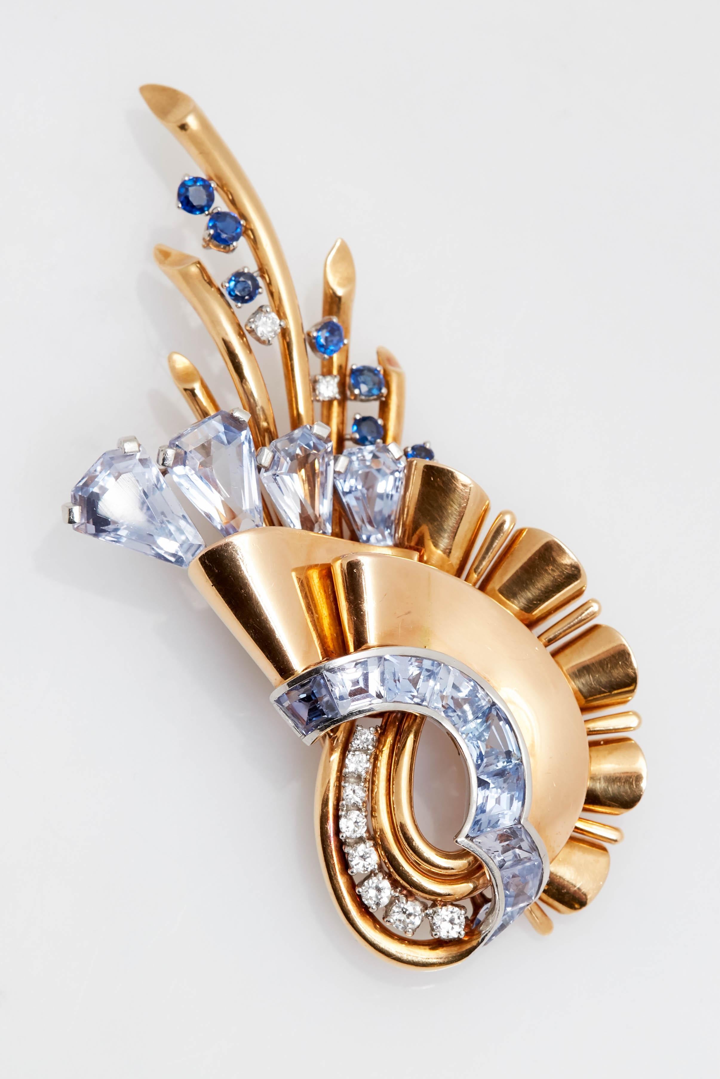 Retro Oscar Heyman Sapphire Diamond Gold Brooch For Sale