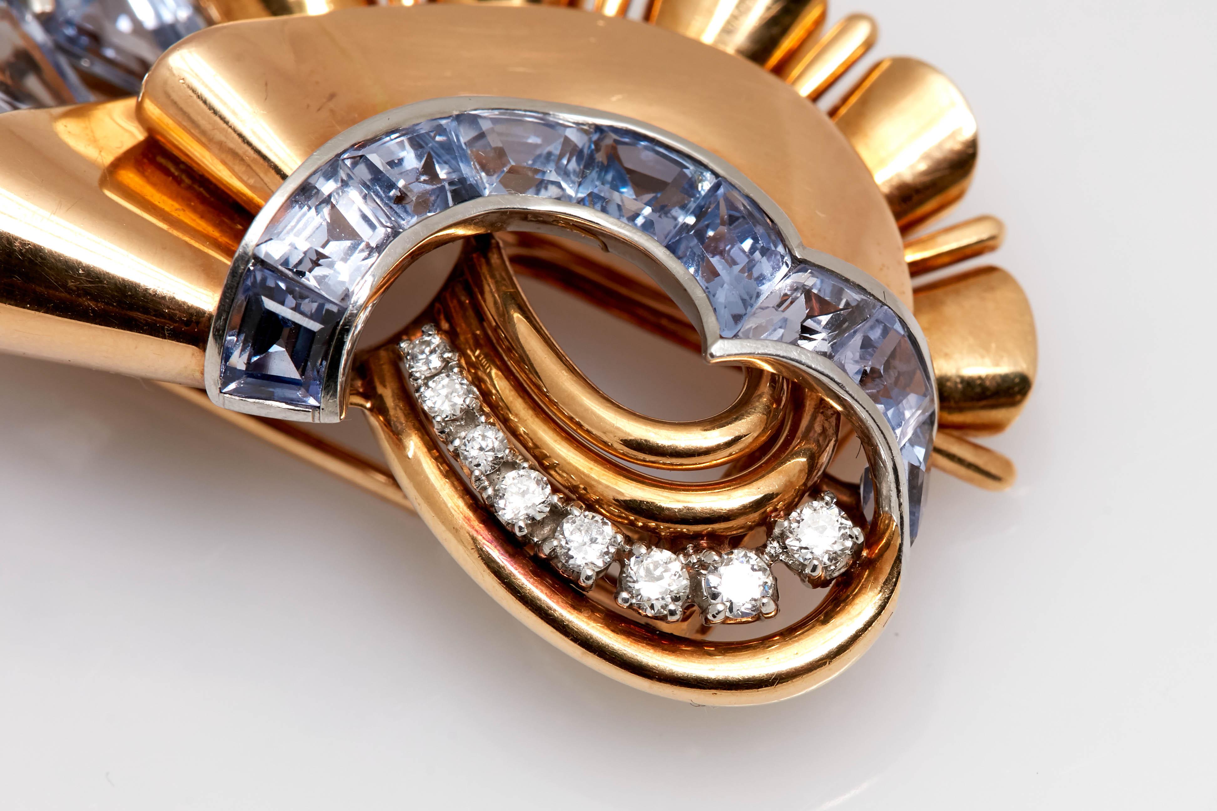 Women's or Men's Oscar Heyman Sapphire Diamond Gold Brooch For Sale