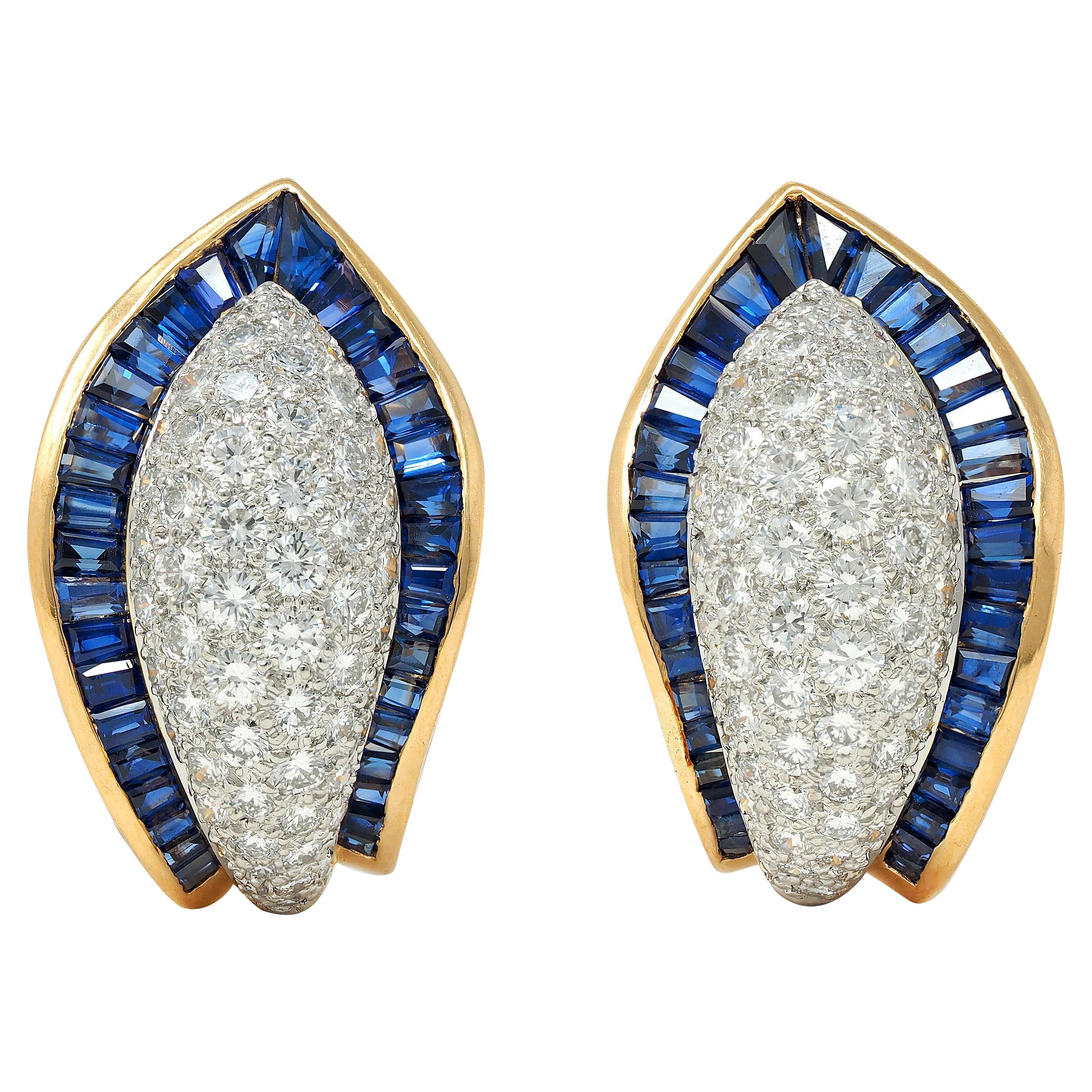 Oscar Heyman Sapphire Diamond Platinum 18K Gold Vintage Ear-Clip Earrings