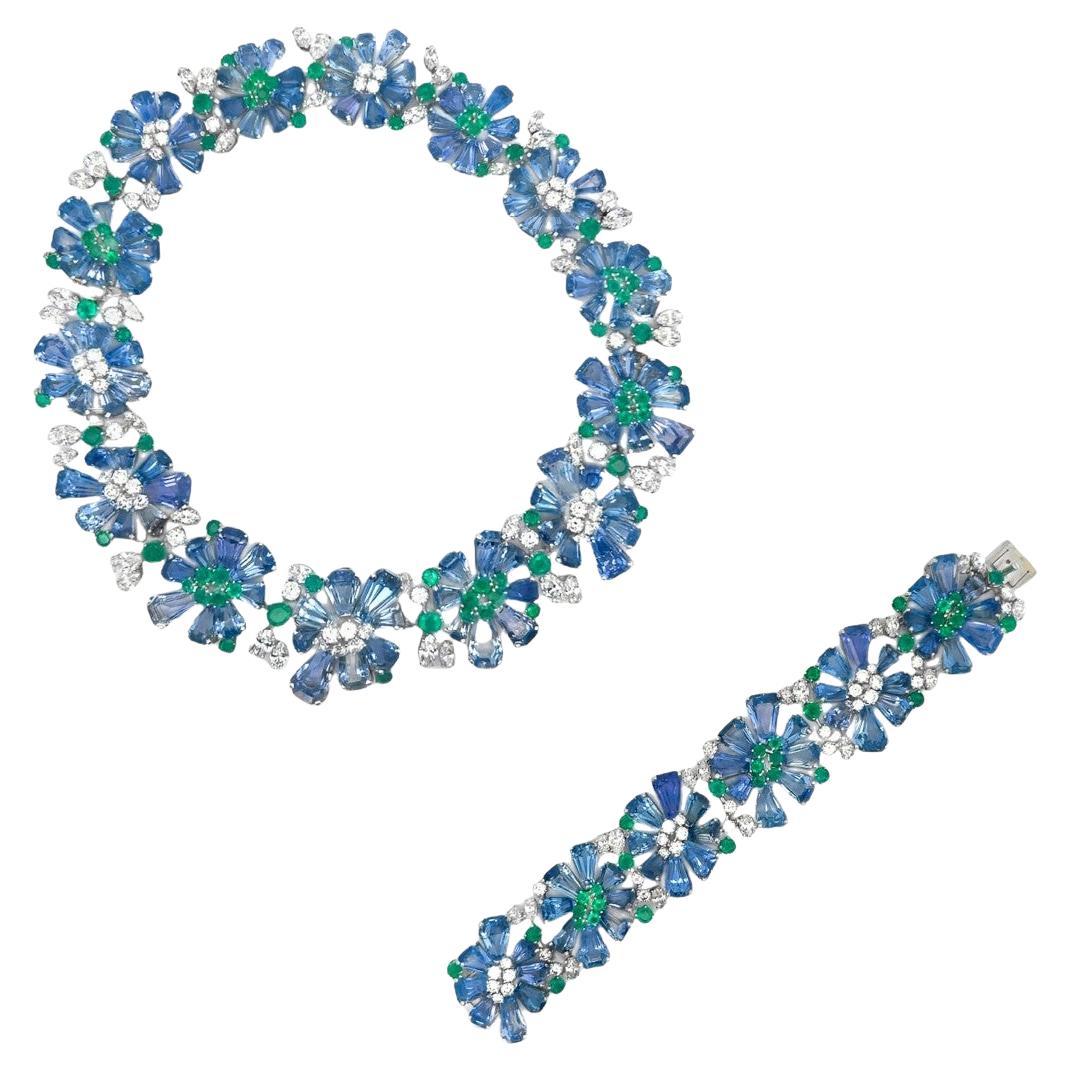 Oscar Heyman Sapphire Emerald and Diamond Necklace and Bracelet Set For Sale