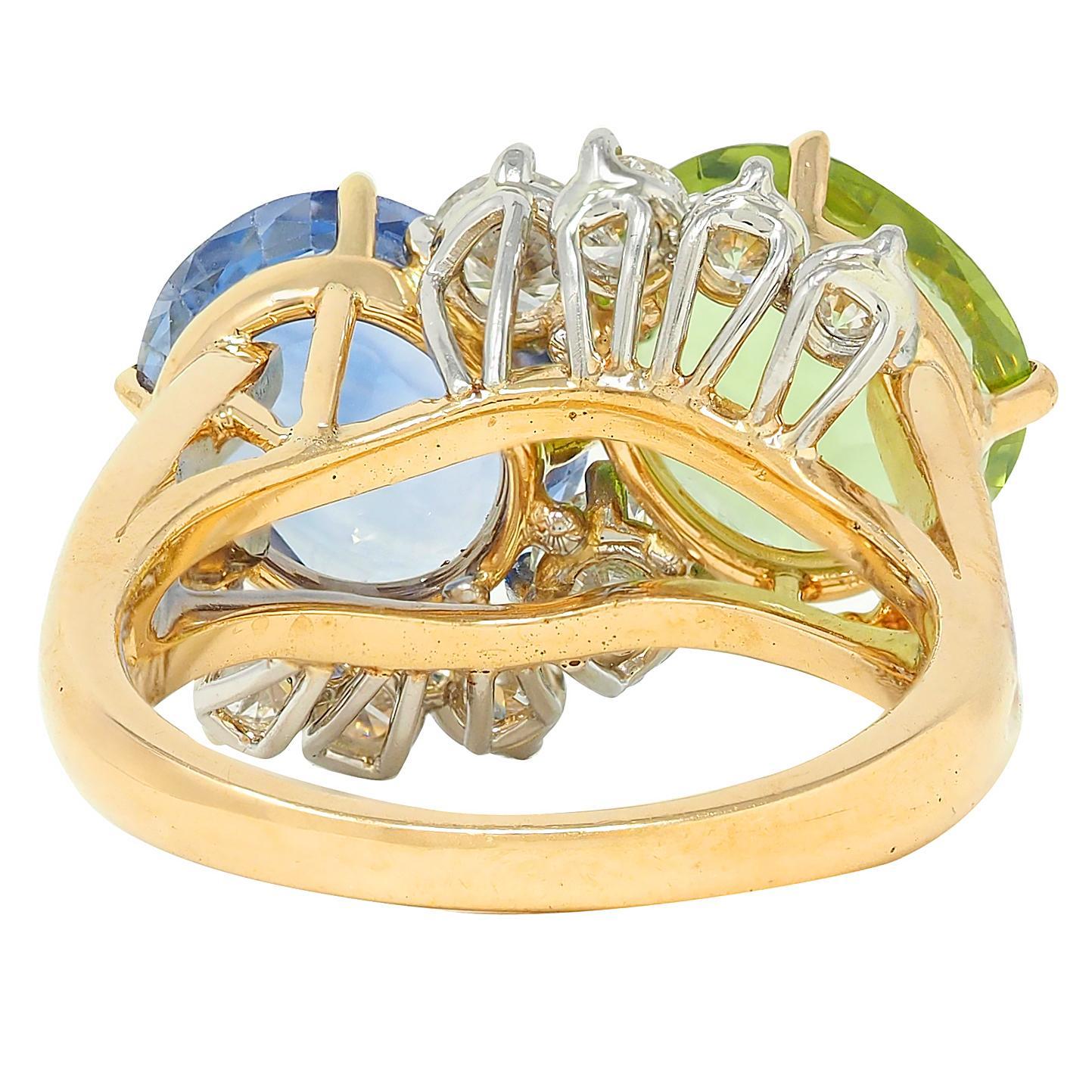 da uomo o donna Oscar Heyman Zaffiro Peridoto Diamante Platino Oro 18K Anello Vintage Toi-Et-Moi in vendita