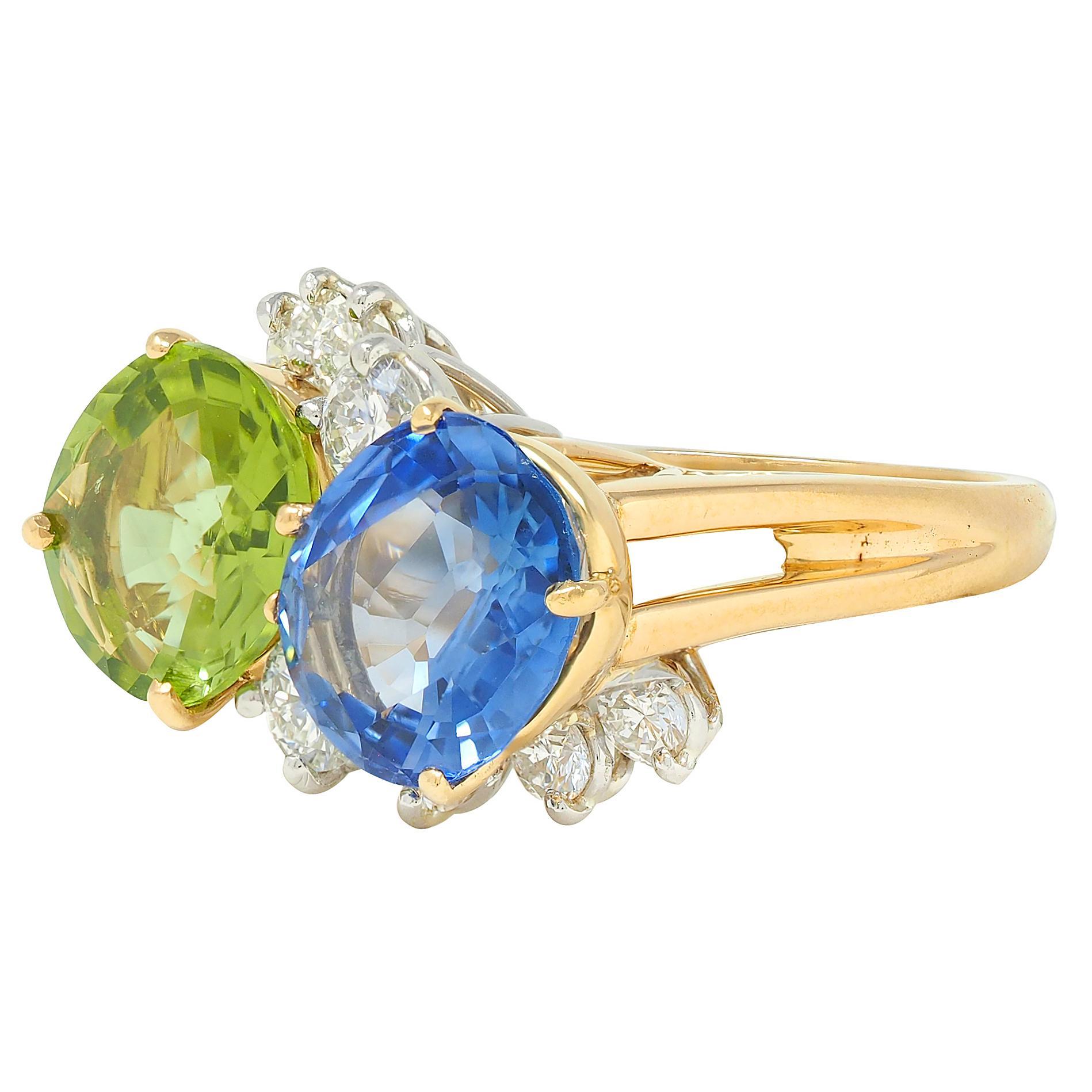 Oscar Heyman Zaffiro Peridoto Diamante Platino Oro 18K Anello Vintage Toi-Et-Moi in vendita 2