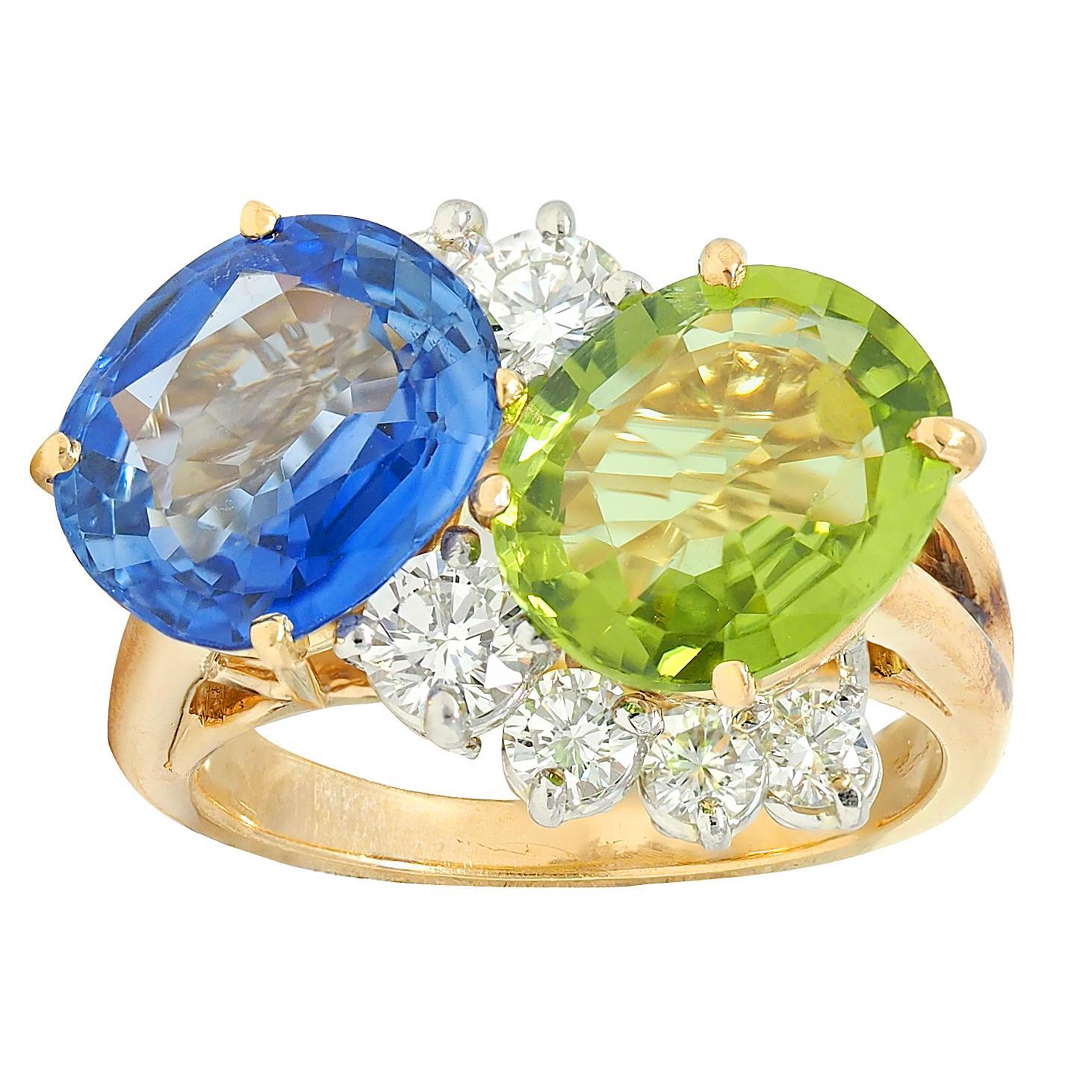 Oscar Heyman Zaffiro Peridoto Diamante Platino Oro 18K Anello Vintage Toi-Et-Moi in vendita 3