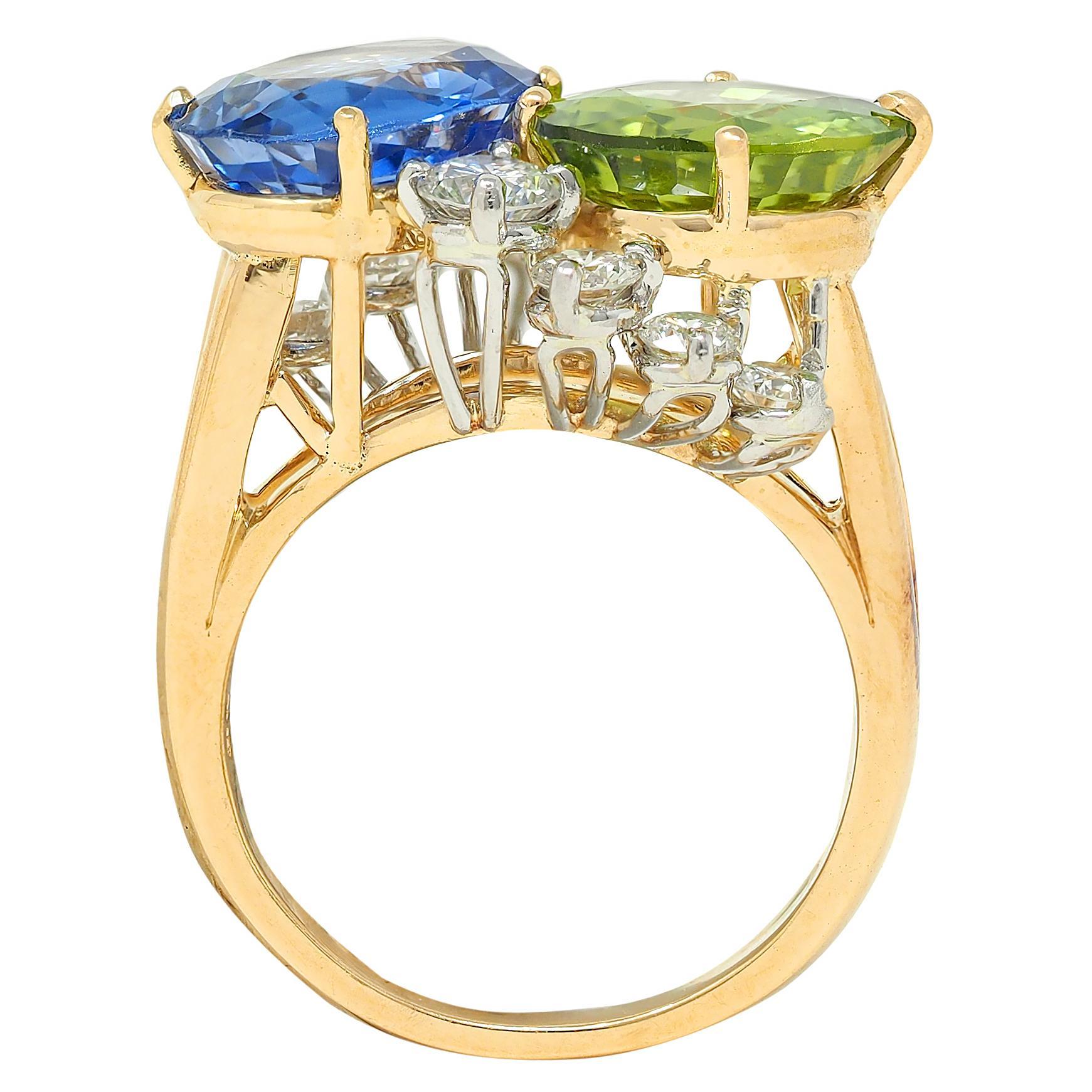 Oscar Heyman Zaffiro Peridoto Diamante Platino Oro 18K Anello Vintage Toi-Et-Moi in vendita 4