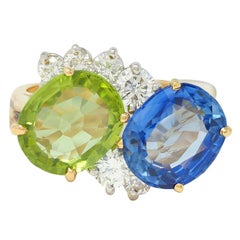 Oscar Heyman Vintage Toi-Et-Moi-Ring, Saphir Peridot Diamant Platin 18K Gold
