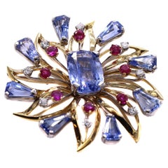 Oscar Heyman Sapphire Ruby Diamond 18 Karat Yellow Gold Brooch