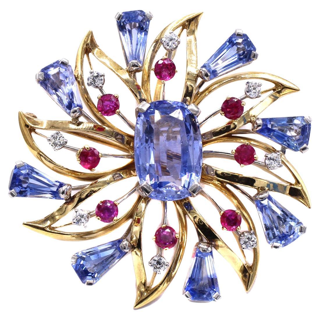 Oscar Heyman Sapphire Ruby Diamond 18 Karat Yellow Gold Brooch For Sale
