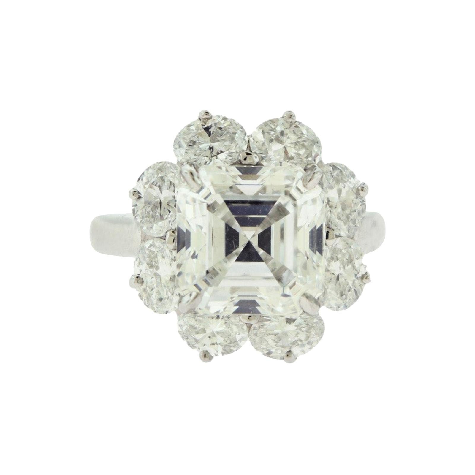 Oscar Heyman Square Emerald Cut and Round Diamond Engagement Platinum Ring For Sale