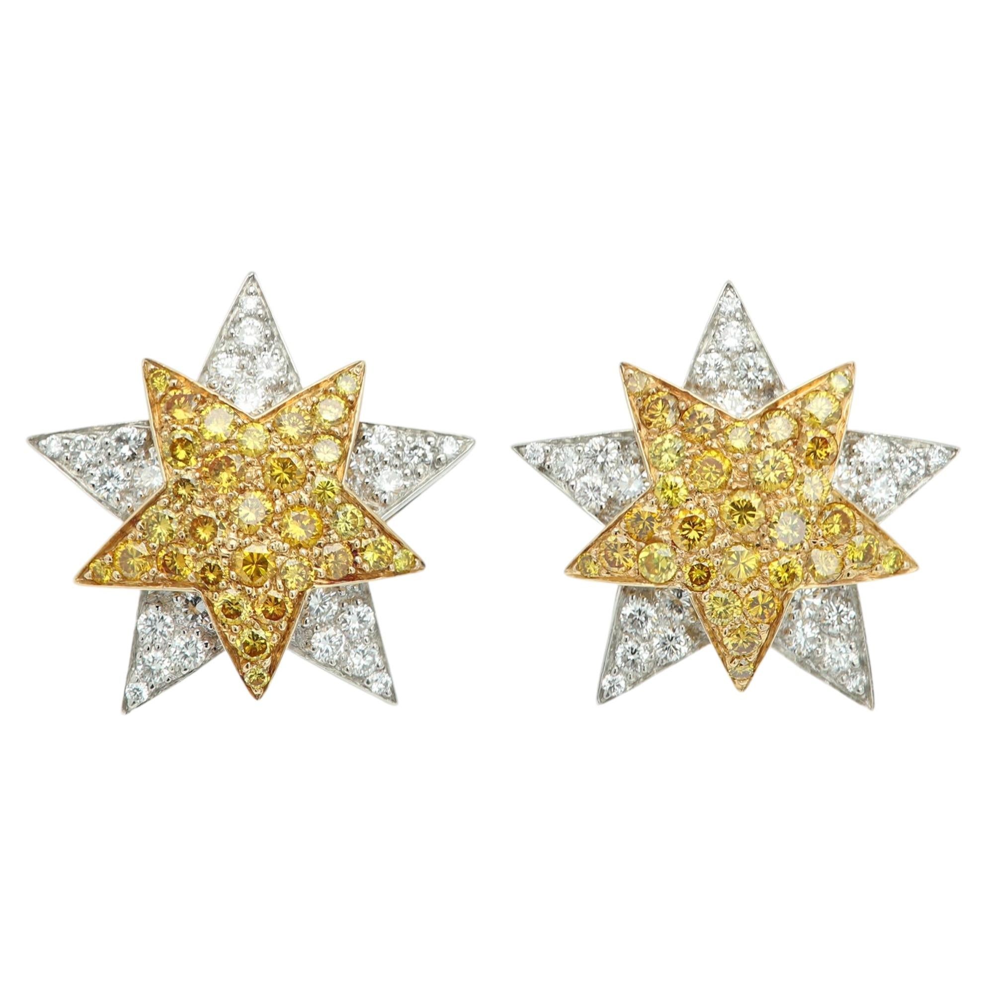 Orecchini Oscar Heyman con diamanti gialli a forma di stella, in platino e oro 18 carati in vendita