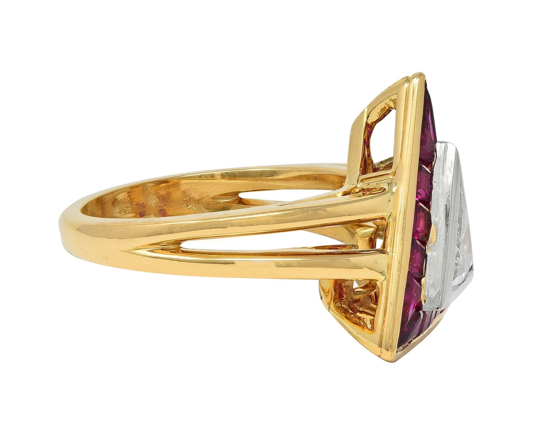 Trillion Cut Oscar Heyman Trilliant Cut Diamond Ruby Platinum 18K Gold Triangle Halo Ring For Sale