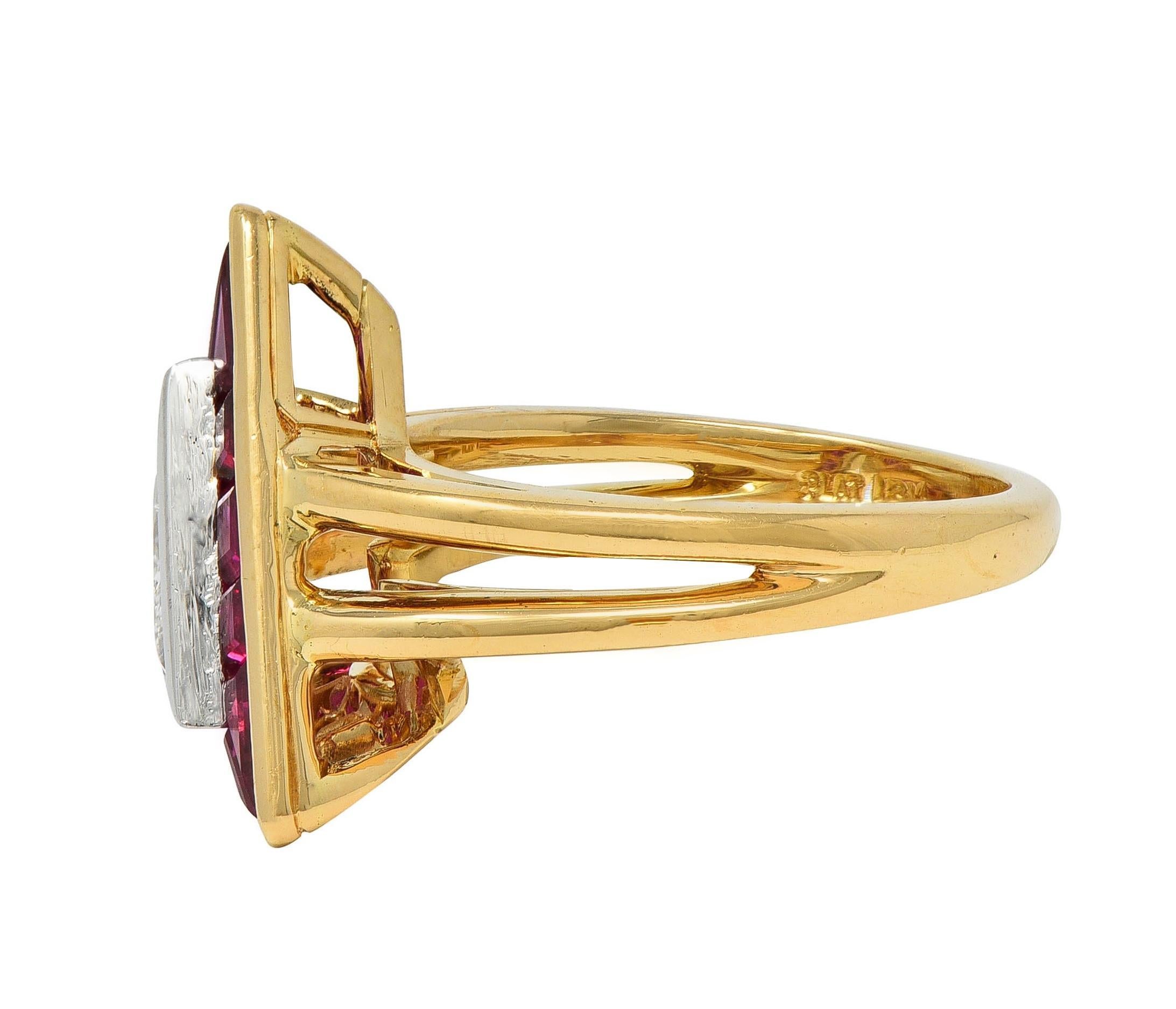 Women's or Men's Oscar Heyman Trilliant Cut Diamond Ruby Platinum 18K Gold Triangle Halo Ring For Sale