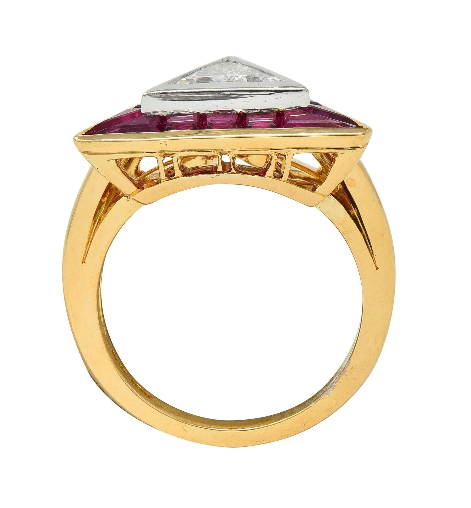 Oscar Heyman Trilliant Cut Diamond Ruby Platinum 18K Gold Triangle Halo Ring For Sale 2