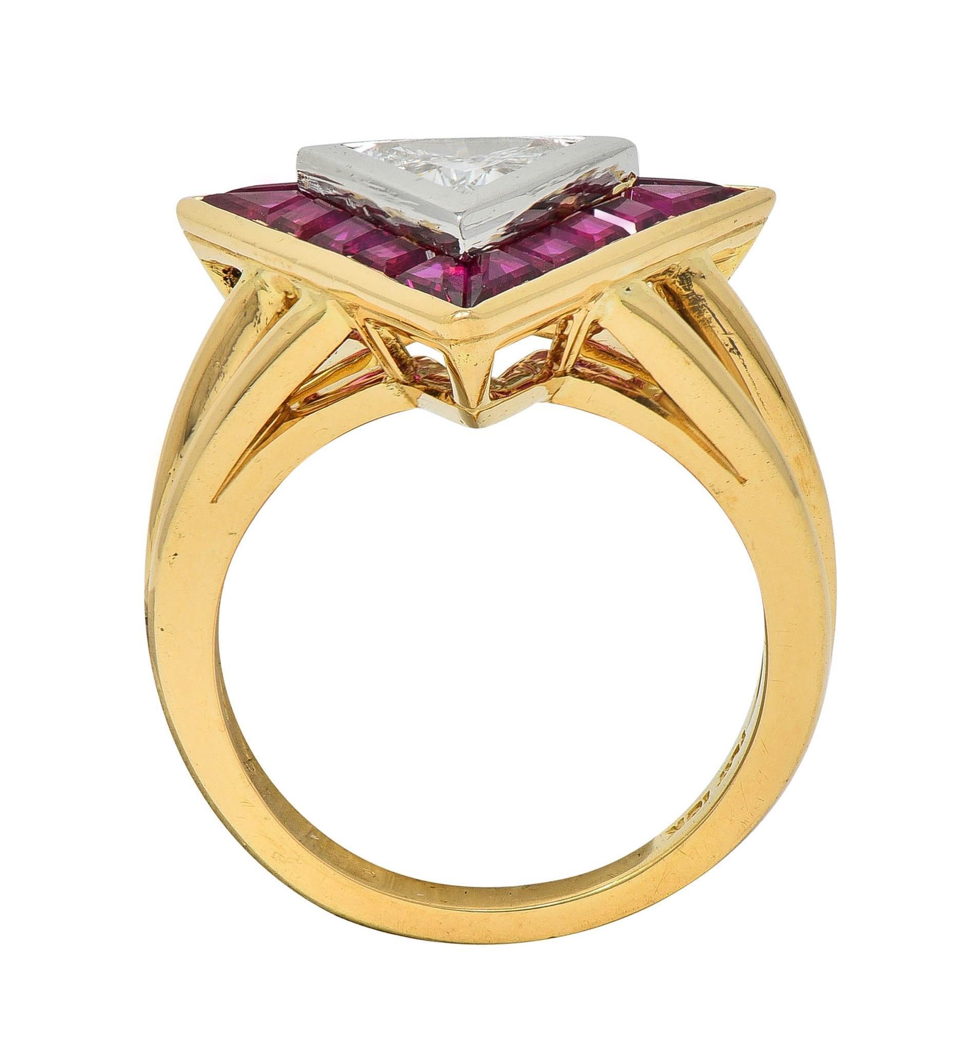 Oscar Heyman Trilliant Cut Diamond Ruby Platinum 18K Gold Triangle Halo Ring For Sale 3