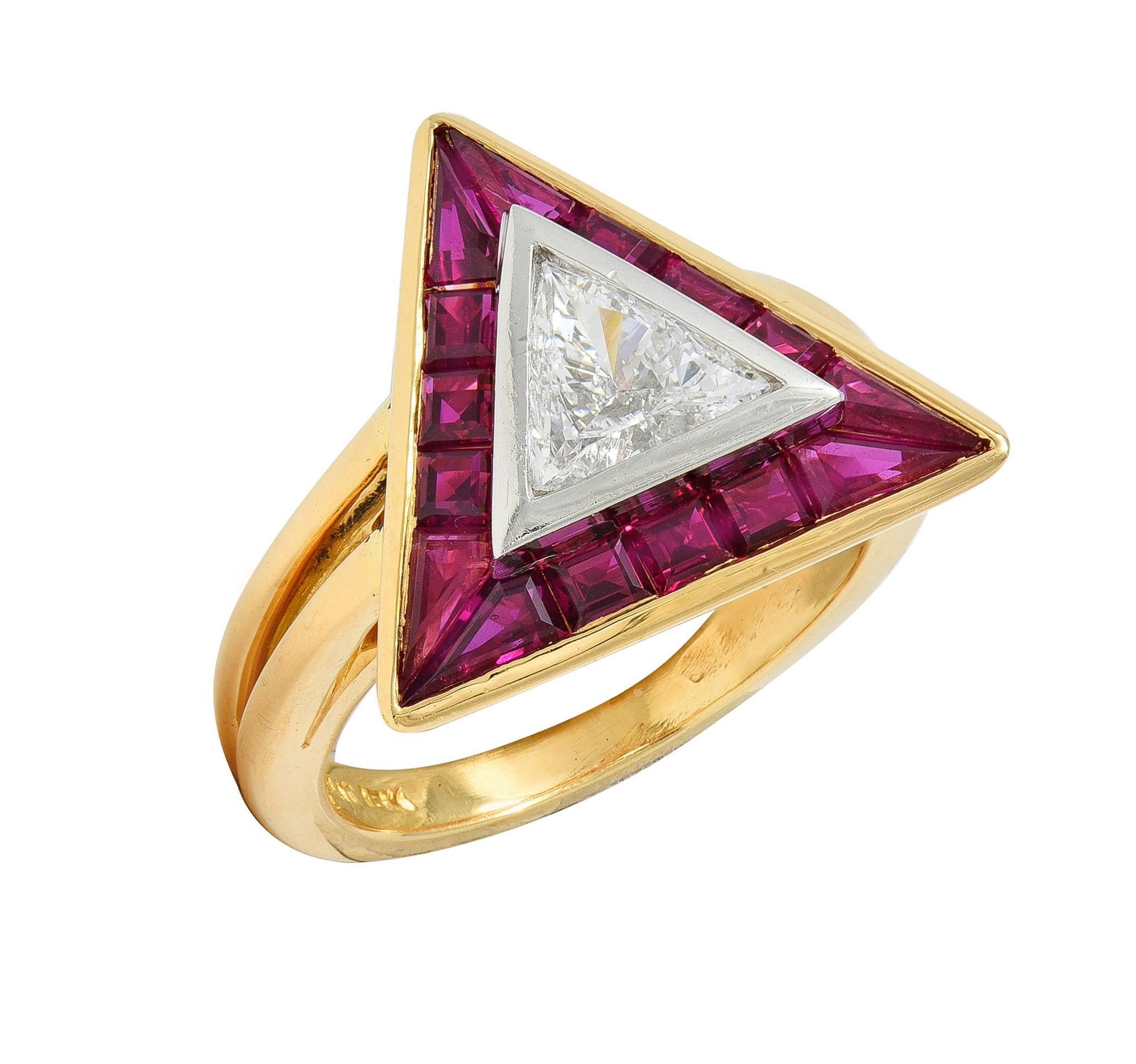 Oscar Heyman Trilliant Cut Diamond Ruby Platinum 18K Gold Triangle Halo Ring For Sale 4