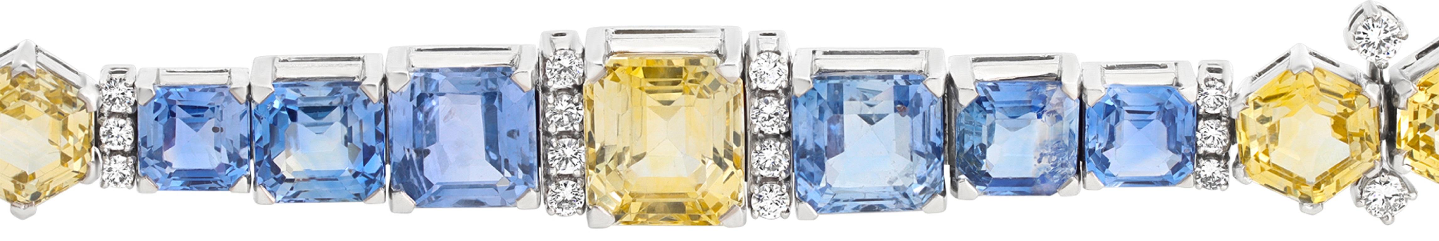 Oscar Heyman Vintage Blue and Yellow Ceylon Sapphire Diamond Platinum Bracelet In Excellent Condition For Sale In Surfside, FL