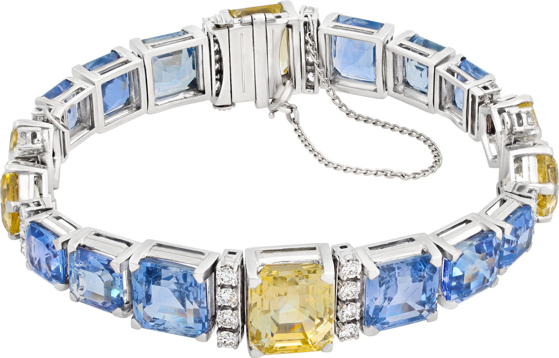 Women's Oscar Heyman Vintage Blue and Yellow Ceylon Sapphire Diamond Platinum Bracelet For Sale