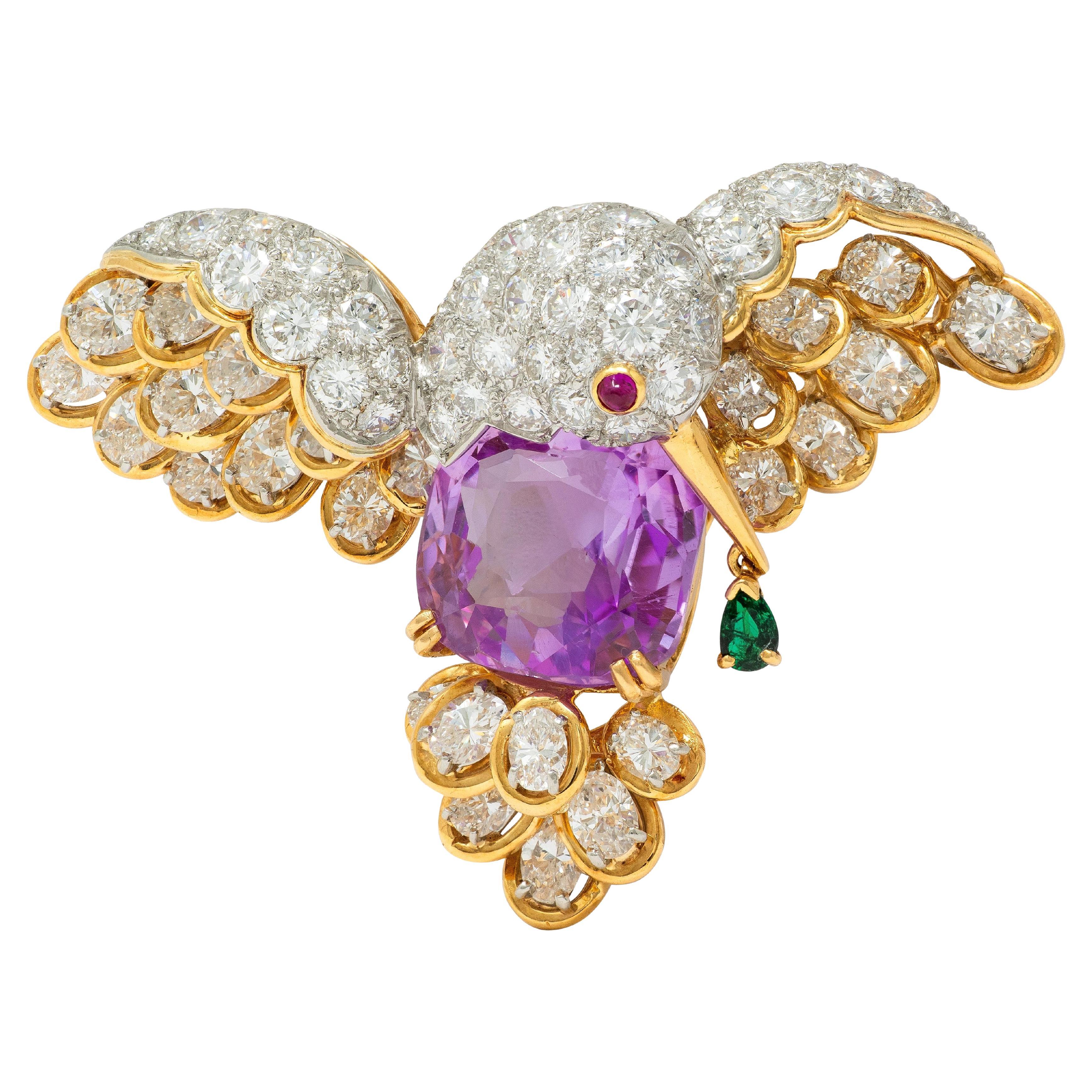 Oscar Heyman Vintage Ceylon Sapphire Multi-Gem Platinum 18K Colibri Broche