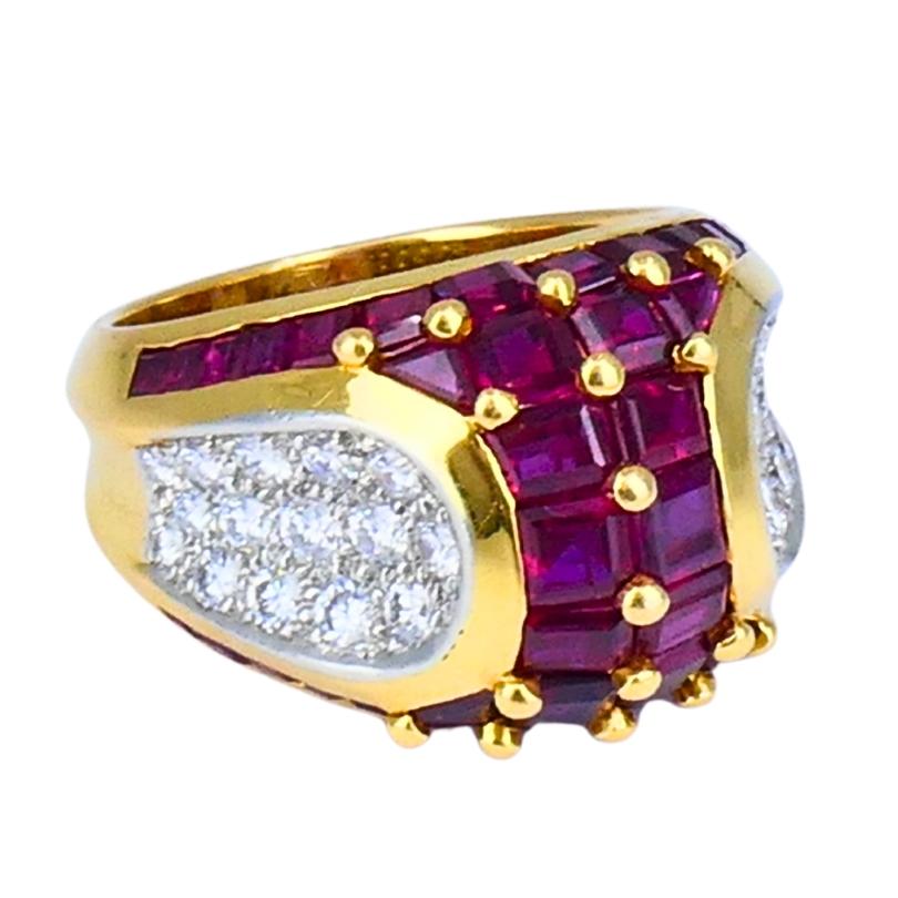 Mixed Cut Oscar Heyman Vintage Cocktail Ring Gold Platinum Ruby Diamond Estate Jewelry For Sale