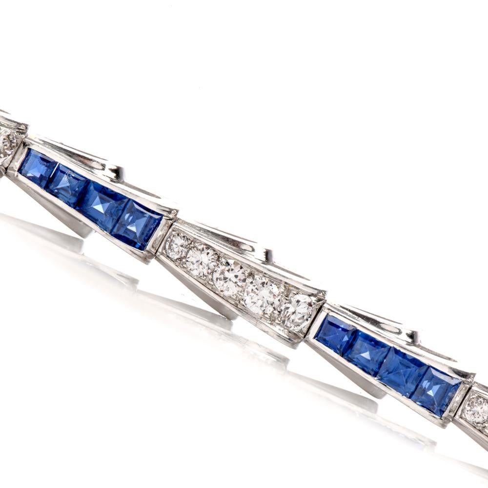 FInish off a look with this eye catching Oscar Heyman  serpent motif vintage bracelet

crafted in solid Platinum  Circa 1960's.

Alternating links of 4 square step-cut Royal Blue Sapphires and 5 high quality round

brilliant cut diamonds adorn