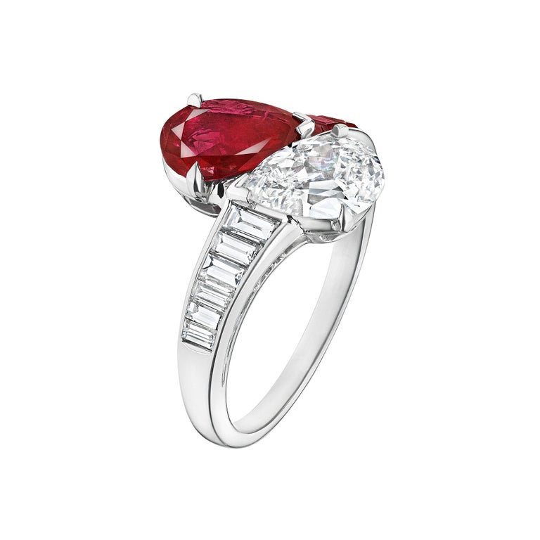 Pear Cut Oscar Heyman Vintage Natural Burmese Ruby Diamond Toi Et Moi Platinum Ring For Sale