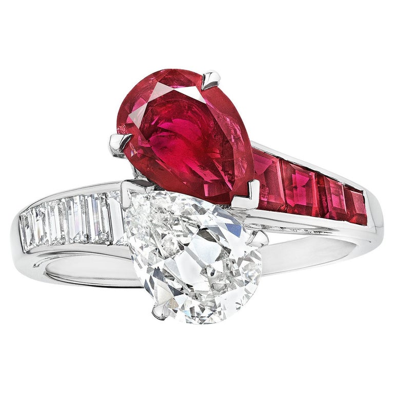 Oscar Heyman Vintage Natural Burmese Ruby Diamond Toi Et Moi Platinum Ring For Sale