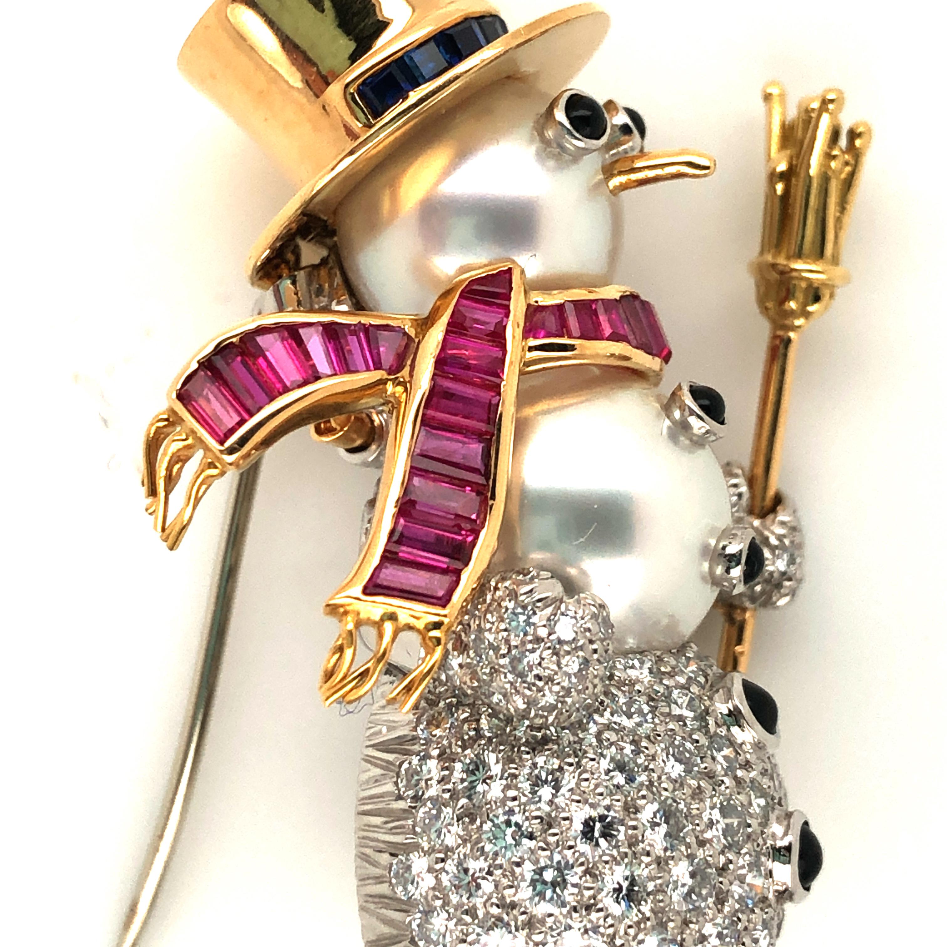 Women's or Men's Oscar Heyman Well-Dressed Gemstone Snowman Brooch (Special Order) For Sale