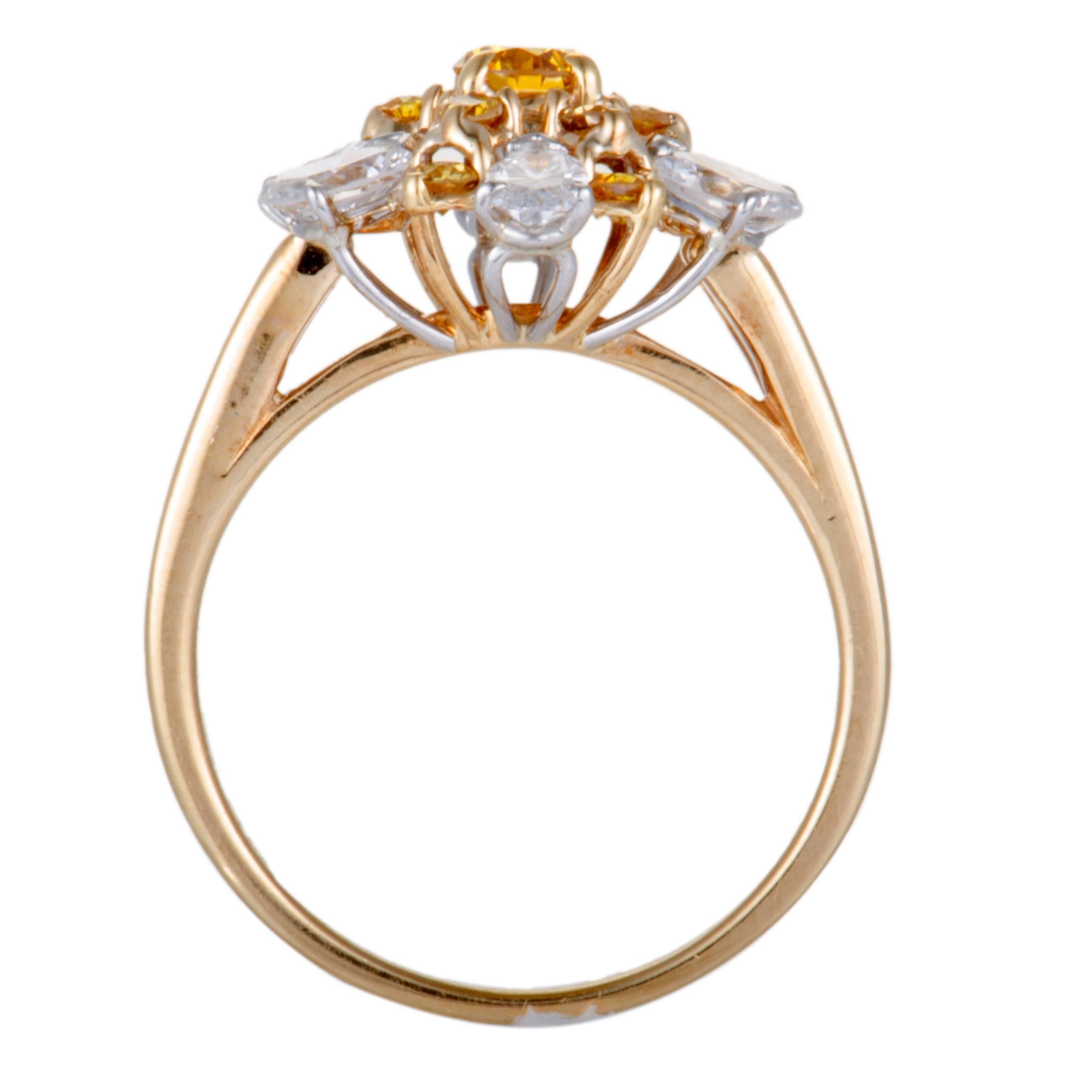 A compelling combination of resplendent white diamonds, weighing 1.20ct, and yellow diamonds, weighing 0.55ct, is featured in this stunning ring by Oscar Heyman that offers an incredibly luxurious appearance. The ring is beautifully crafted in a mix