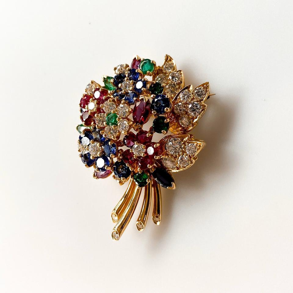 Oscar Heyman Oro Amarillo Diamante Piedra Preciosa Broche Flor Corte redondo en venta