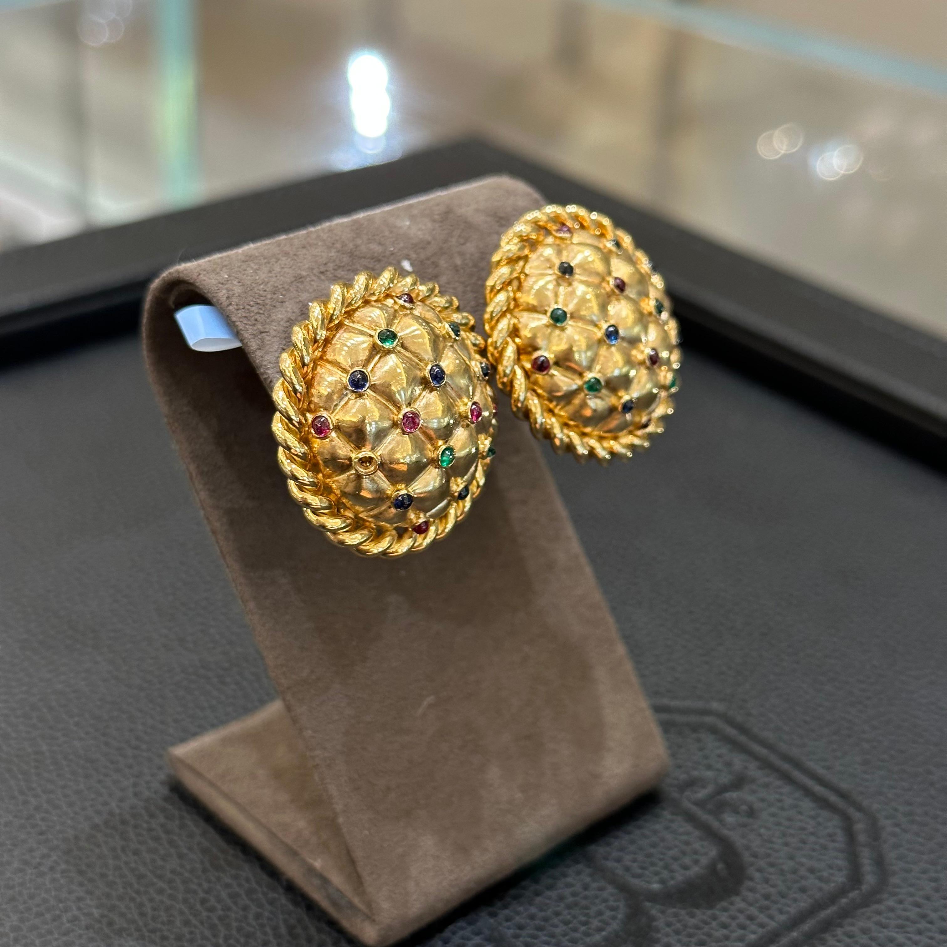Bead Oscar Heyman Yellow Gold Emerald, Ruby, & Sapphire Earrings For Sale