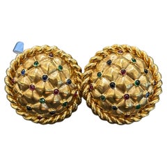Oscar Heyman Yellow Gold Emerald, Ruby, & Sapphire Earrings