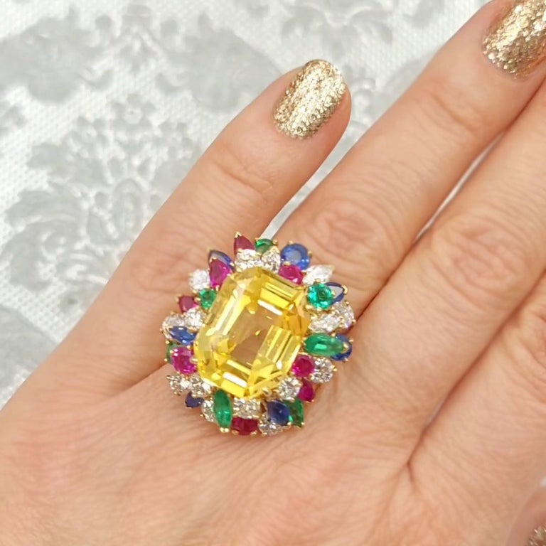 Emerald Cut Oscar Heyman Yellow Sapphire and Diamond Ring For Sale