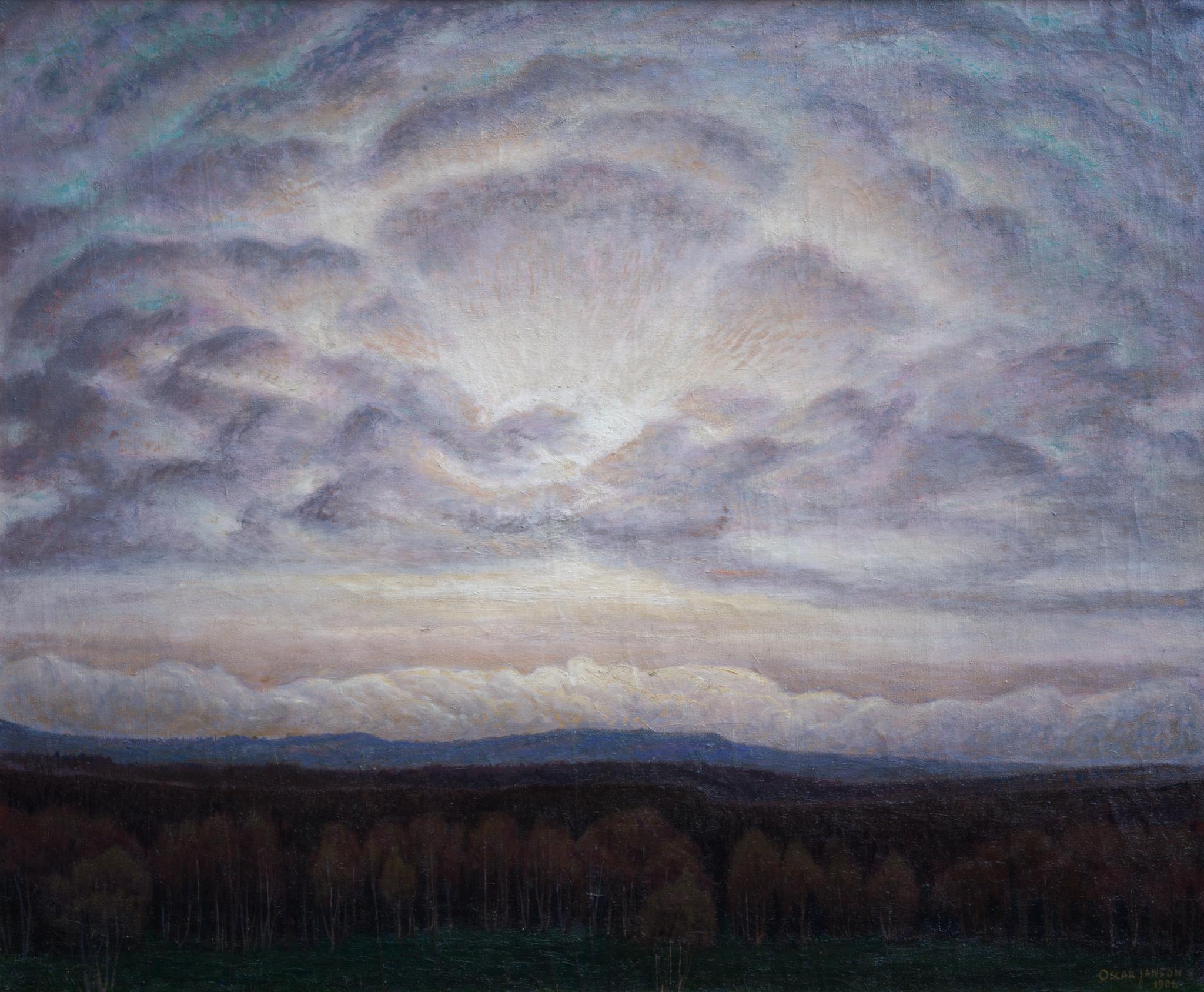 Grande dipinto di paesaggio chiamato Sunburst, 1906 (Solbrytning) - Painting di Oscar Jansson