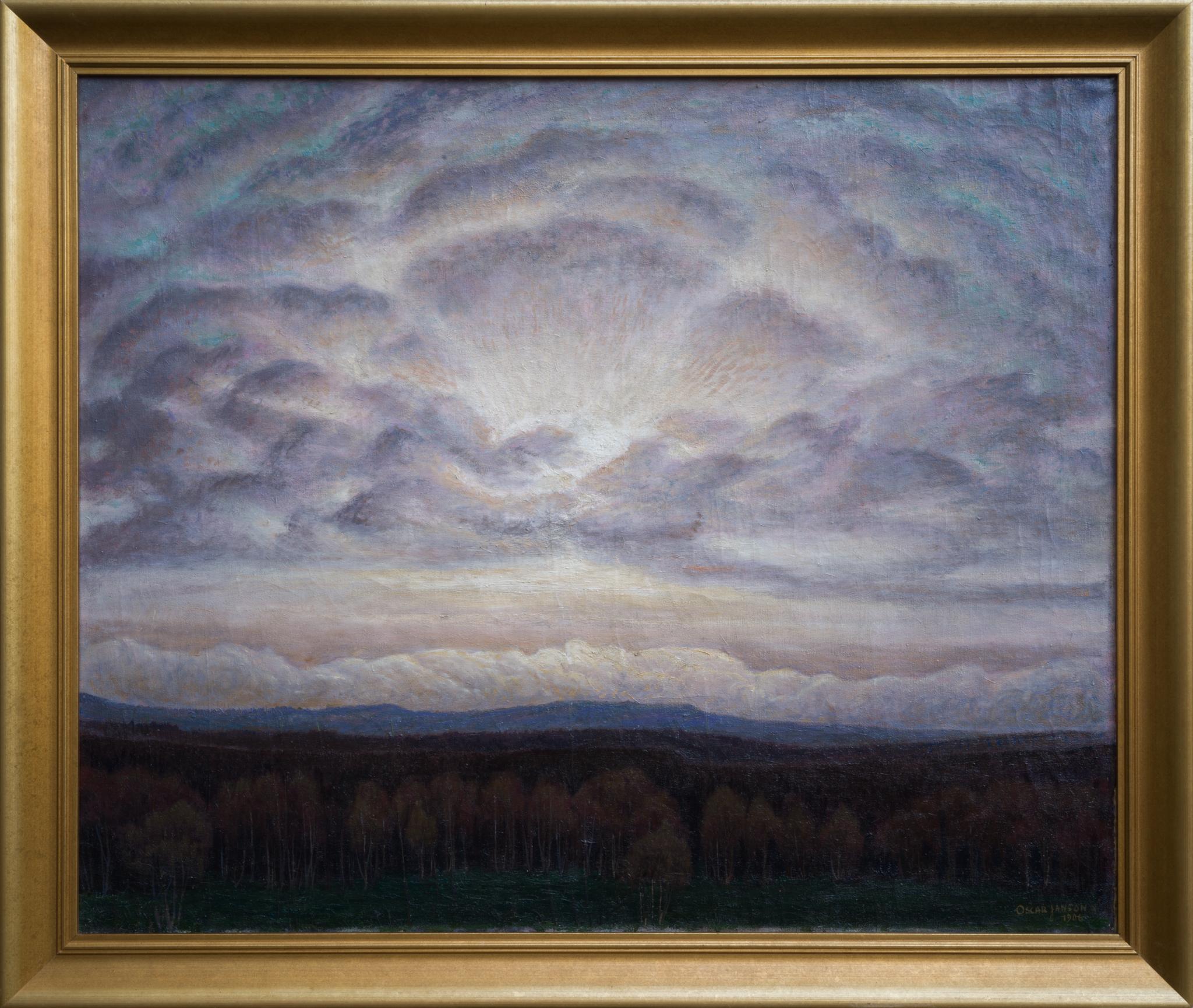 Landscape Painting di Oscar Jansson - Grande dipinto di paesaggio chiamato Sunburst, 1906 (Solbrytning)