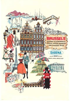 Original "Sabena Belgium World Airlines, Brussels vintage travel poster