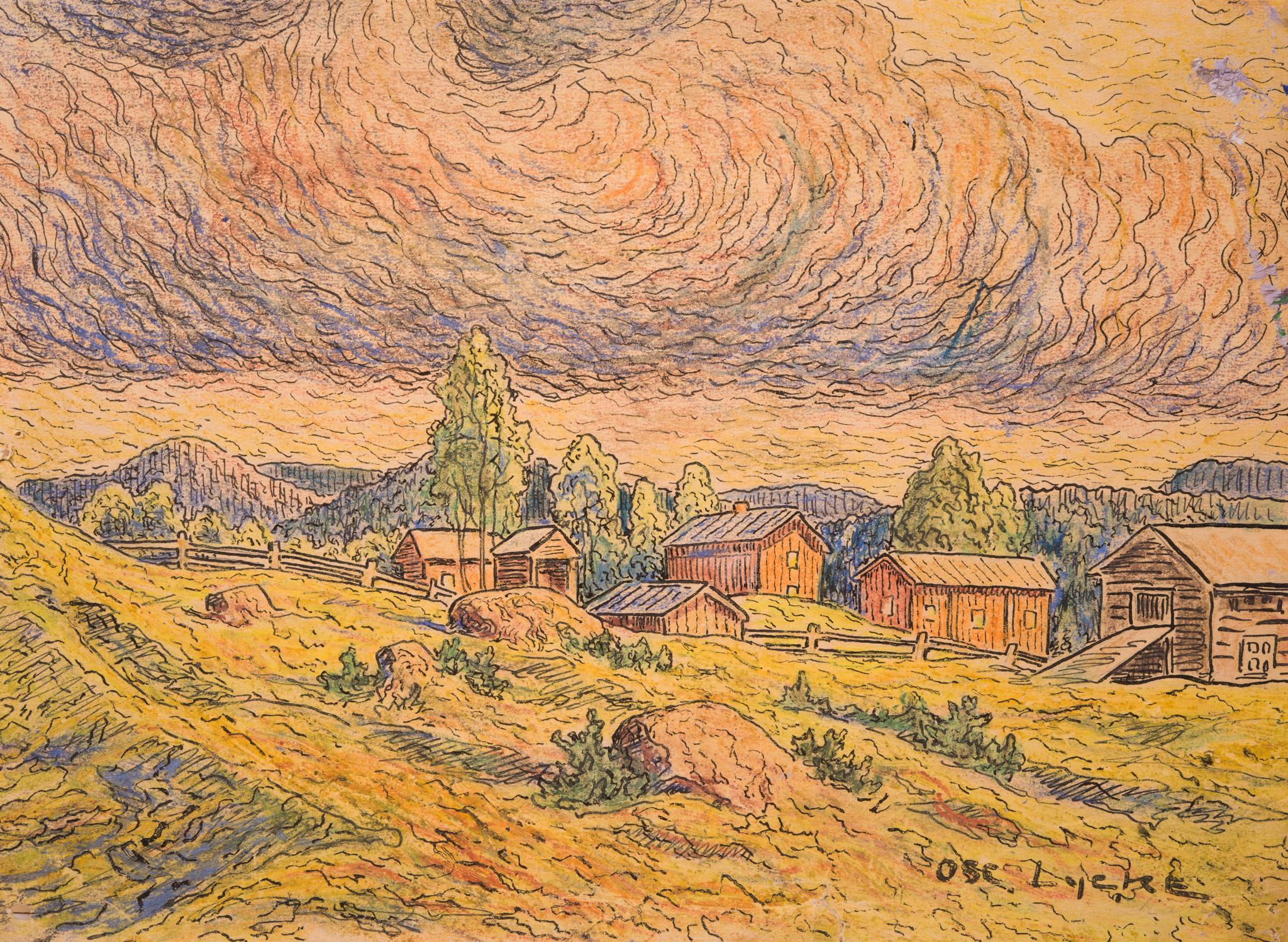 This exquisitely detailed drawing by Swedish artist Oscar Lycke captures a rustic settlement nestled in the golden highlands of northern Sweden, most likely depicting the traditional summer pastures of Bodåker near Liden, a region where the artist
