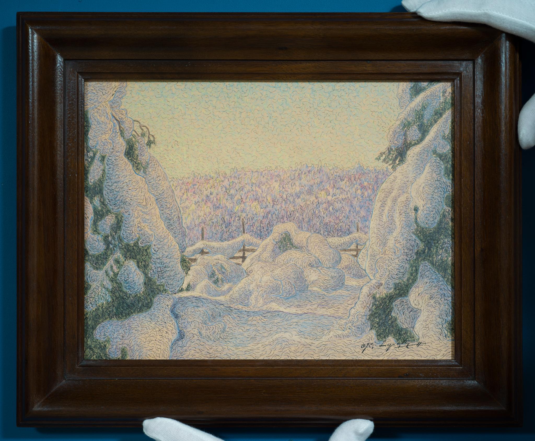 Nous sommes ravis de présenter ce paysage hivernal enchanteur de l'artiste Oscar Lycke, originaire de Sundsvall. Exécuté en 1911, Motif de Ljusdal capture la beauté sereine d'une forêt enneigée avec une délicatesse et un rythme extraordinaires.