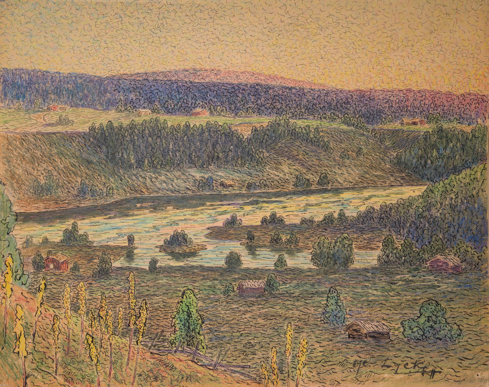 In questo radioso disegno del 1911, l'artista svedese Oskar Lycke cattura la tranquilla grandezza di un paesaggio estivo vicino a Sundsvall, nel nord della Svezia. La vista si estende su una valle serena, dove dolci colline, fitte foreste e cascine
