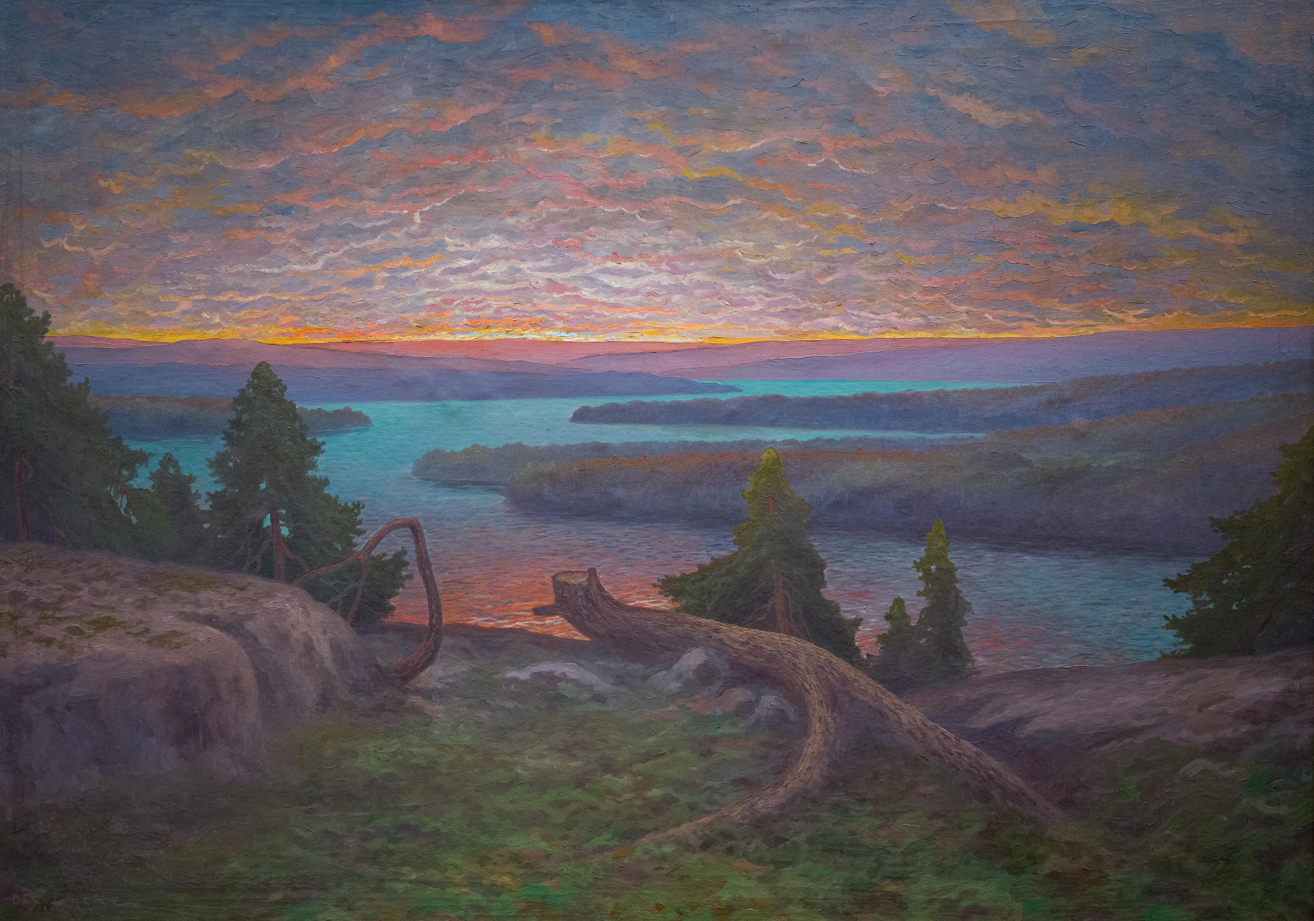 Une vue de paysage scandinave de l'artiste suédois Oscar Lycke, peinture de grande taille