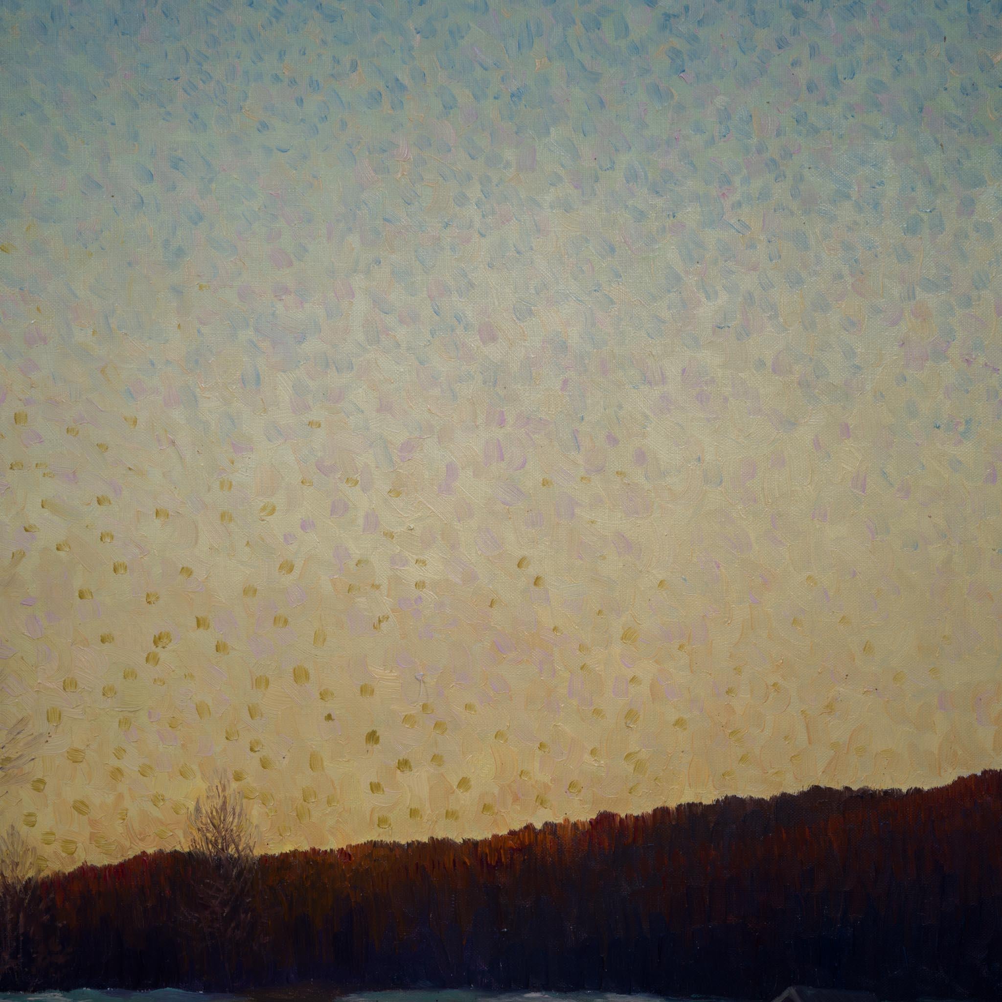 Oscar Lycke’s Aprilafton, Delsbo (“April Evening, Delsbo”), c. 1910, is a luminous oil painting that masterfully captures the gentle transition from winter to early spring in the rural heart of Sweden. In this landscape, a warm April sunset bathes