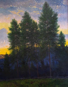 Grand paysage avec pins au coucher du soleil - Motif de Liden par Oscar Lycke, Suède