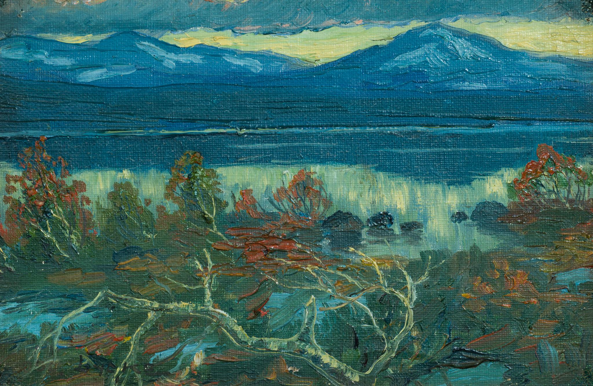 Paysage de montagne avec lac - Post-impressionnisme Painting par Oscar Lycke
