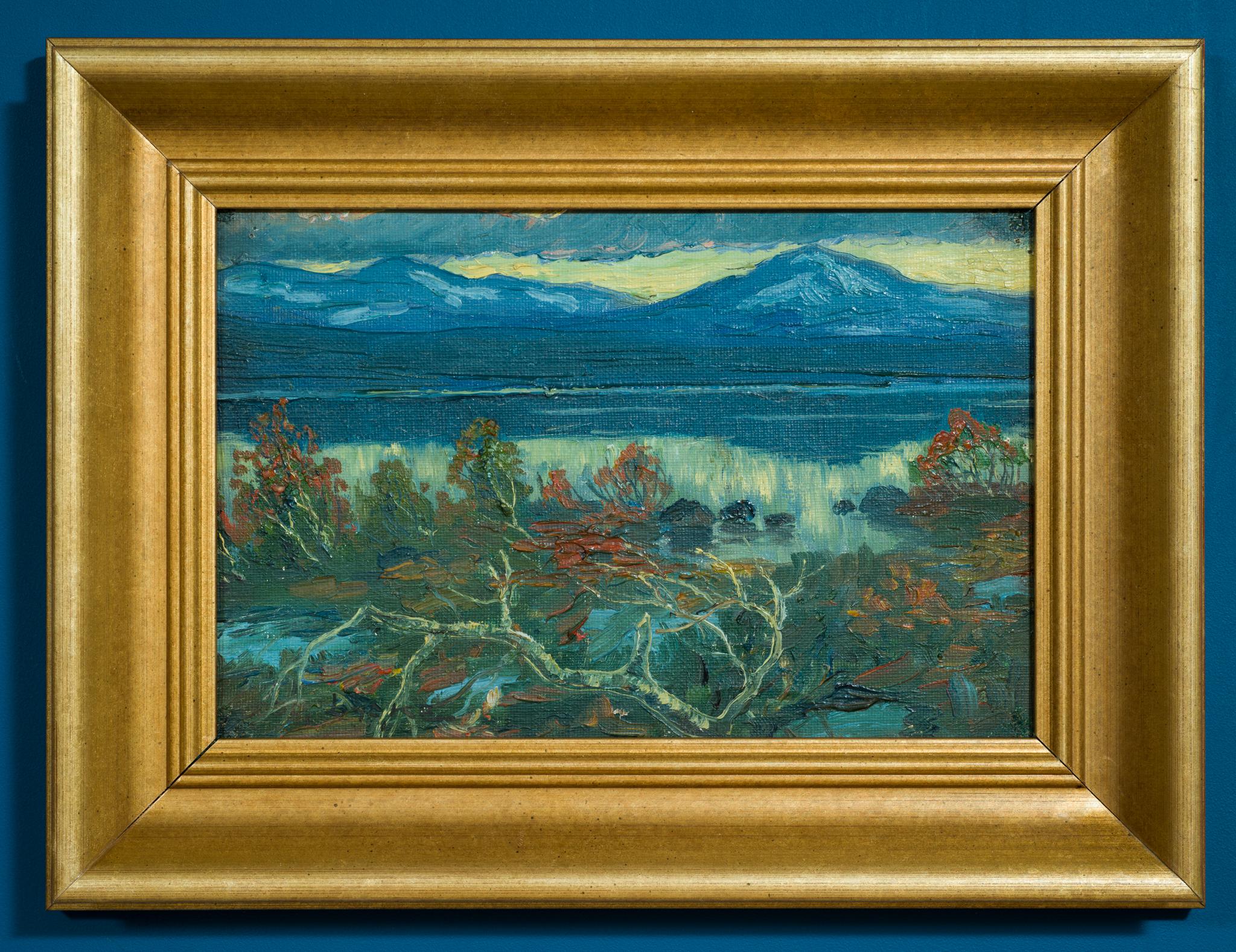 Paysage de montagne avec lac - Marron Landscape Painting par Oscar Lycke