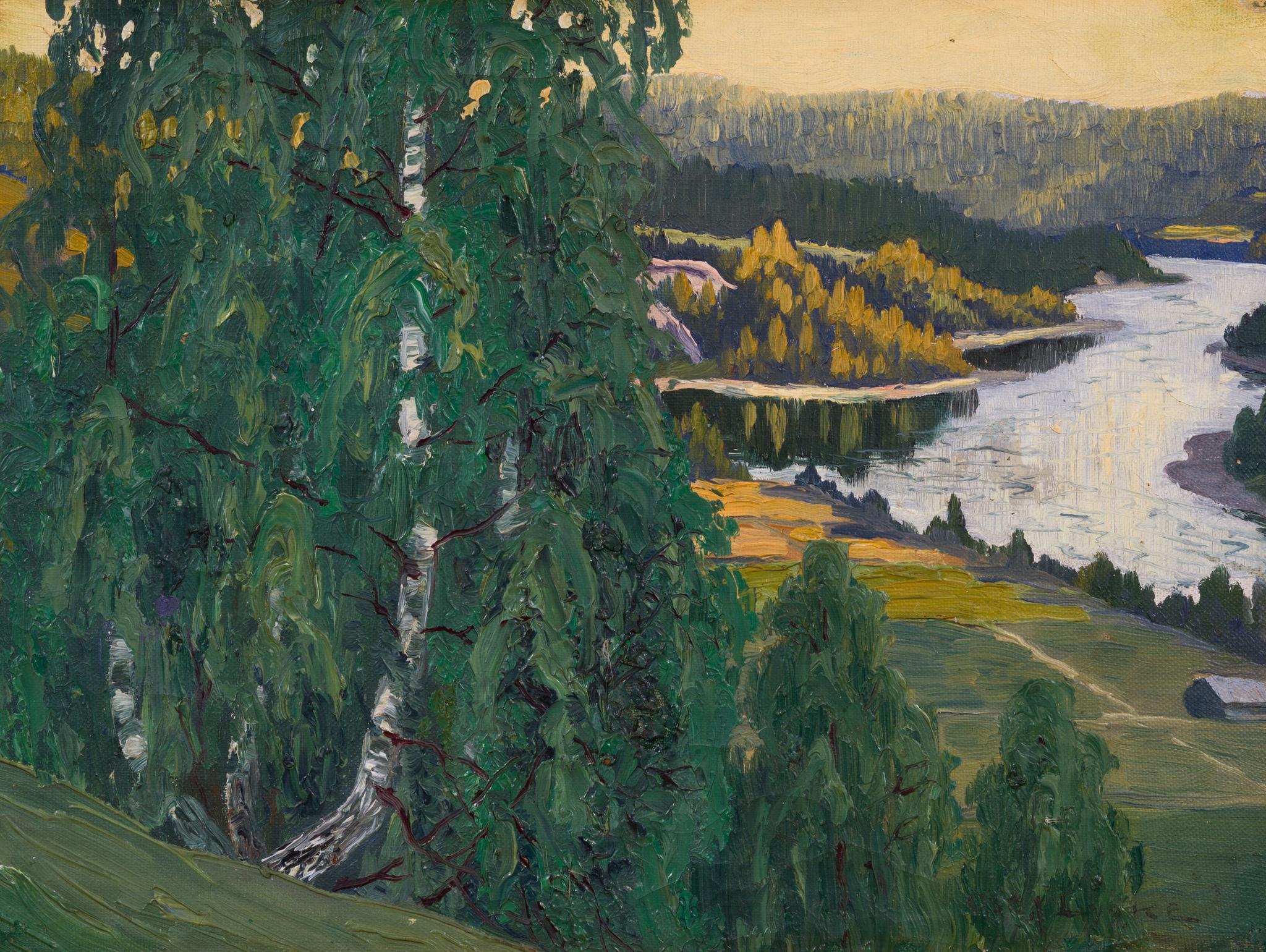 In this luminous landscape, Oscar Lycke invites us to experience the serene vastness of Sweden’s northern interior. Likely painted in the region surrounding Liden along the Indalsälven river, the composition opens up from a high vantage point, where