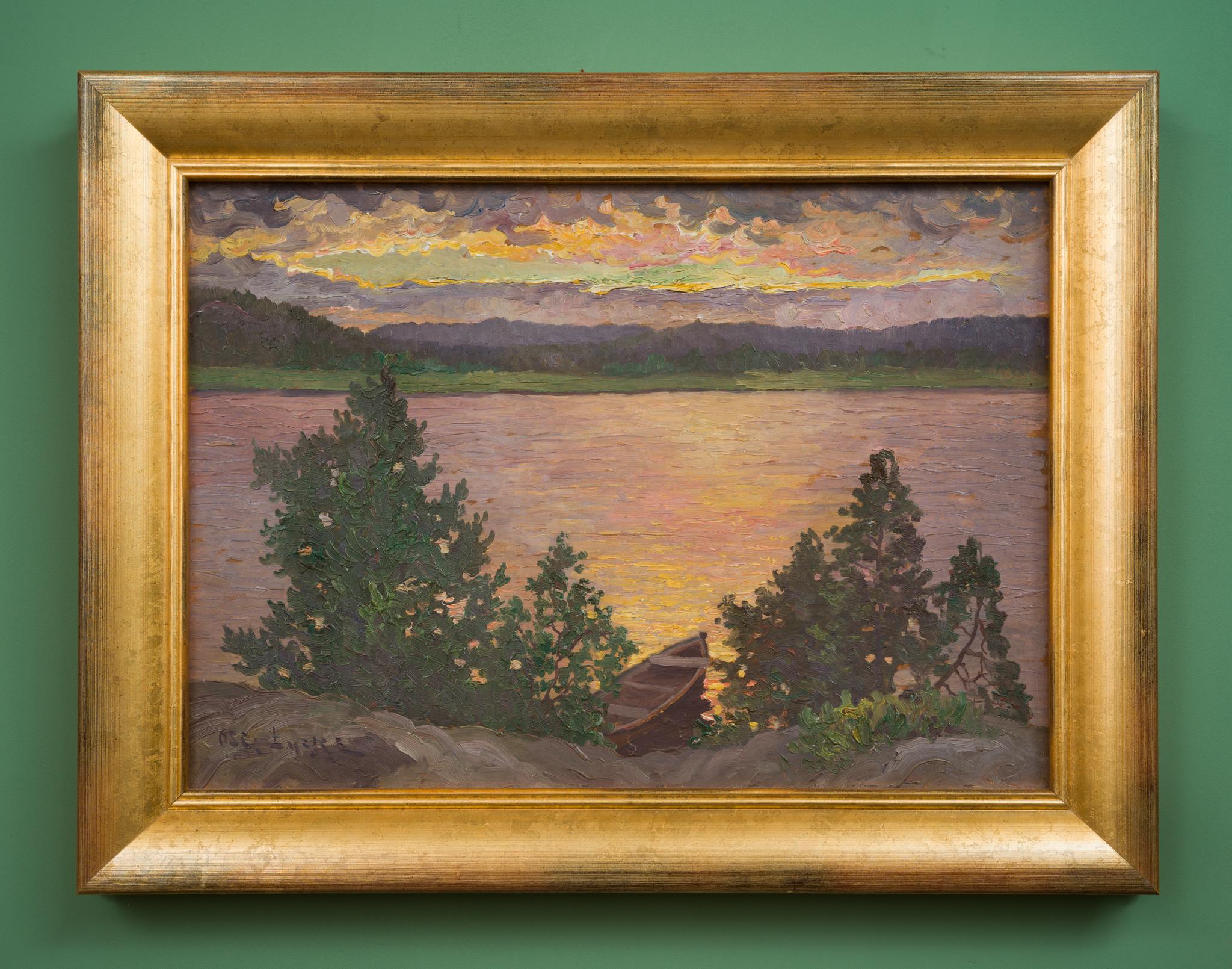 This exquisite landscape painting by Oscar Lycke, a notable artist from Sundsvall who flourished around the turn of the 20th century, captures the serene beauty of a lake at sunset. The scene is delicately composed with a boat (Swedish 
