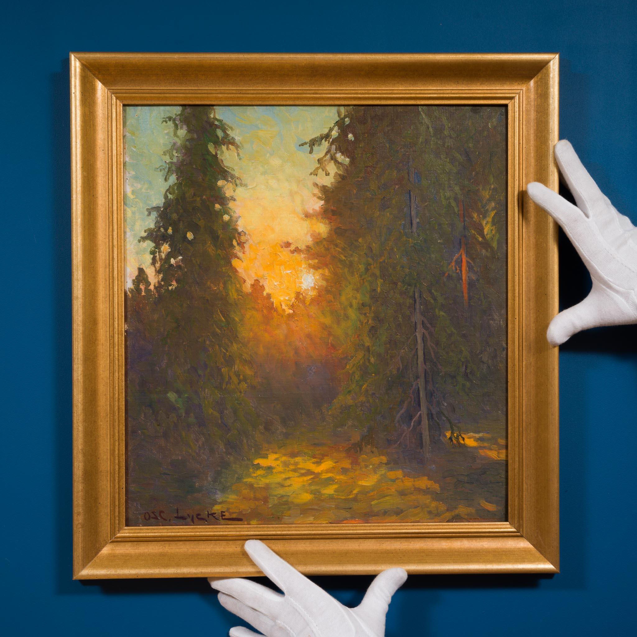 Sunset in the Forest, c. 1910 - Post-Impressionist Painting by Oscar Lycke