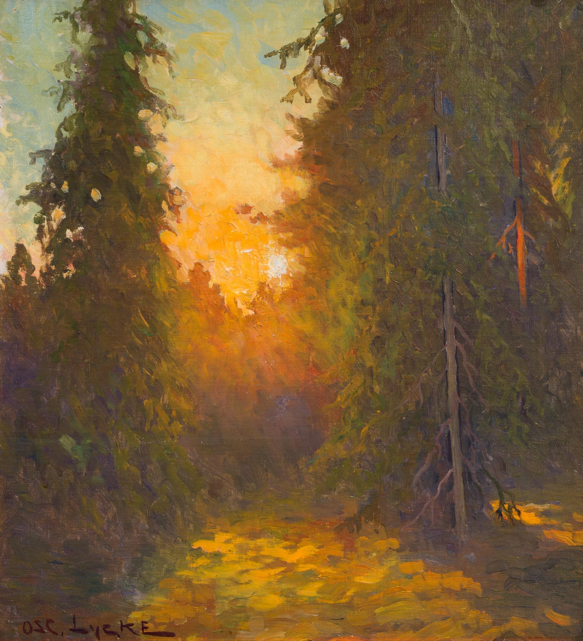 This luminous painting by Oscar Lycke captures a tranquil sunset scene deep within a Nordic forest. The warm, golden light of the setting sun filters through the dense spruce trees, casting long shadows and illuminating the forest floor in amber and