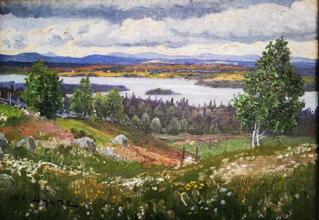 Oscar Lycke Landscape Painting - "Swedish Lakeview”, Summer lake and mountainous landscape, oil on board
