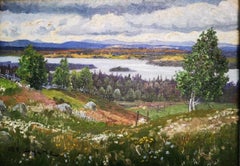 "Swedish Lakeview”, Summer lake and mountainous landscape, oil on board